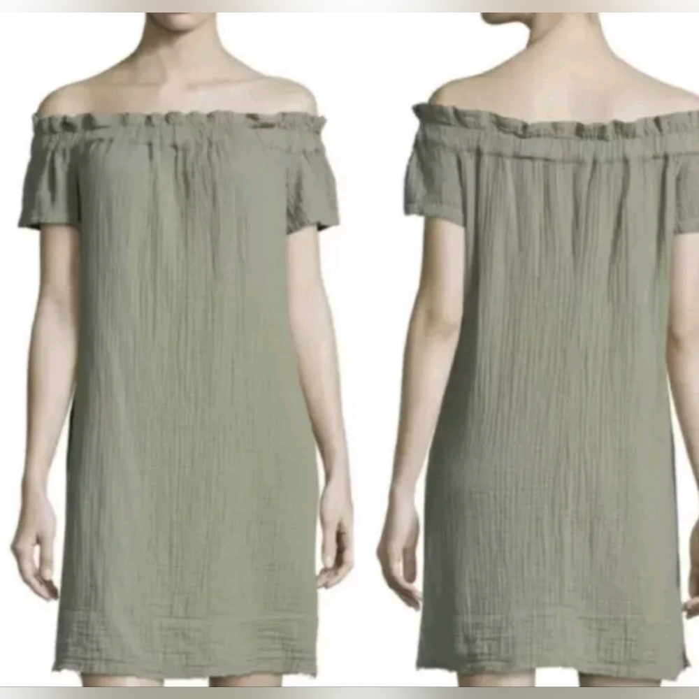 Anthropologie Amadi Nola Green Off Shoulder Cotton Gauze Raw Hem Dress USA Sz XL